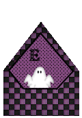 Animated retro gif of a ghost coming out of a colored paper envelope. It says 'Boo' and 'Email'.