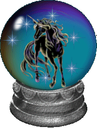 Retro animated gif of a unicorn inside a glittering crystal ball.